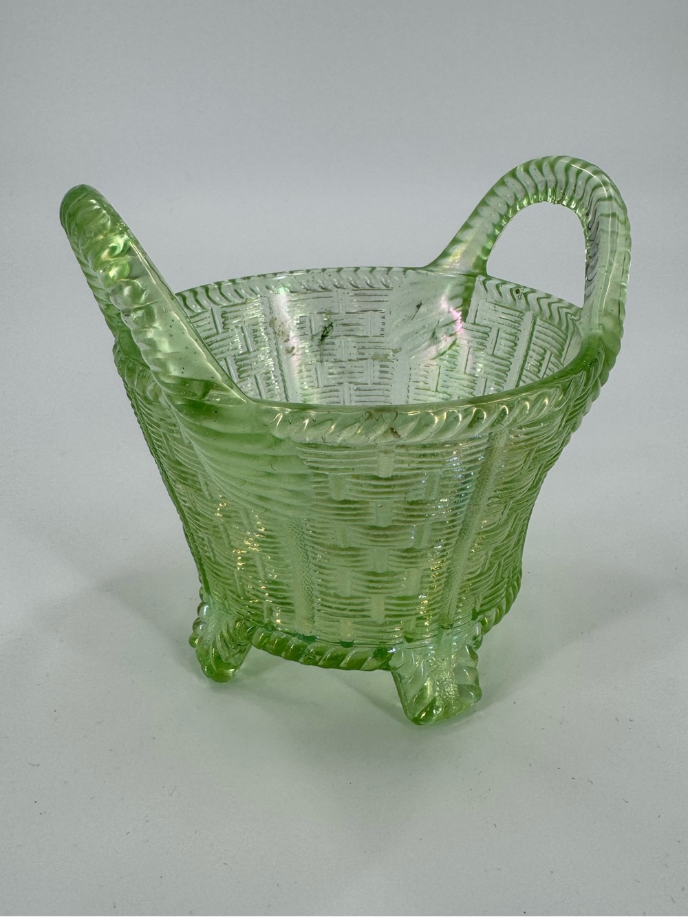 Antique Northwood Bushel Basket Green Carnival Glass Handled Basket